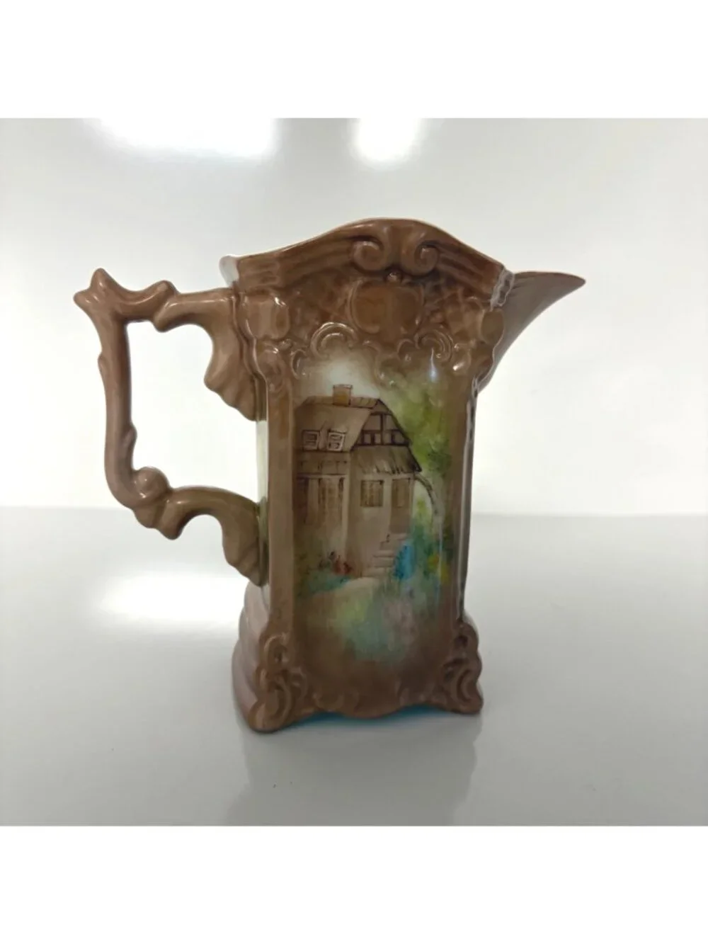 Vintage Hand Painted Porcelain Pitcher Signed Mary Jane G Cottage Scene Art Vase